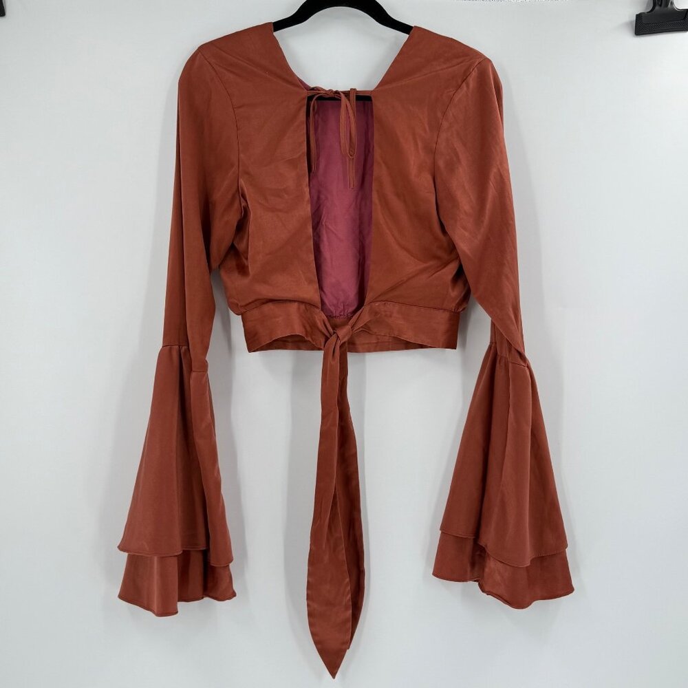 Louna Burnt Orange Tie-Back Long Bell Sleeve Cropped Top,  L Polyester/Spandex/R - Picture 4 of 11